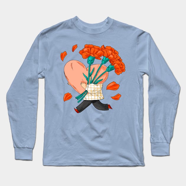 Hand Drawn Heart Flower Carrier Long Sleeve T-Shirt by Mako Design 